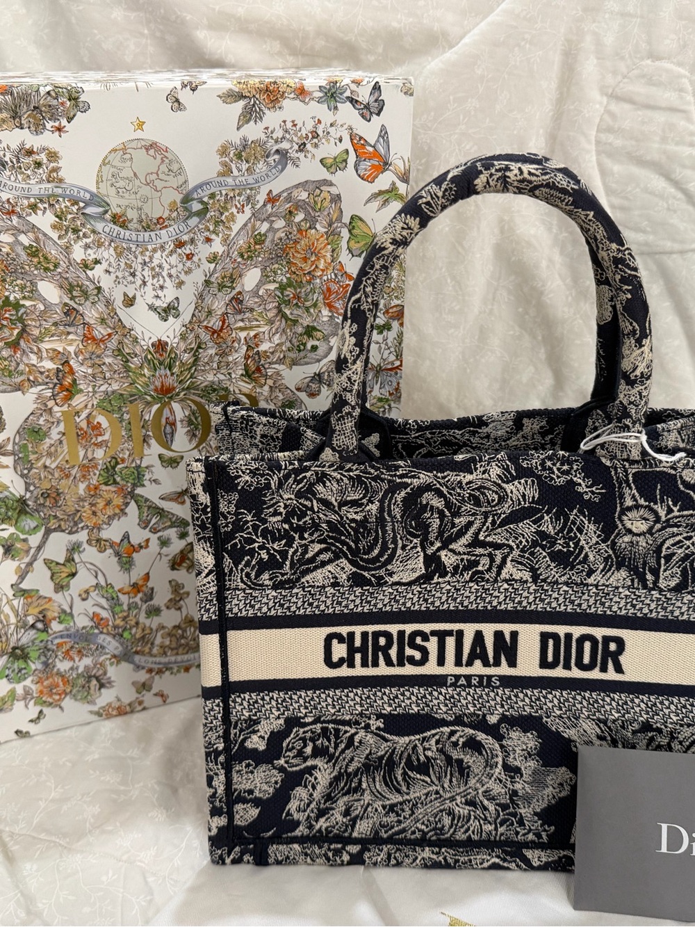Dior Navy Blue & Cream Toile De Jouy Tiger Small Book Tote